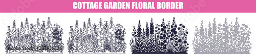Cottage garden floral border elements in a row during daytime Isolated on white background