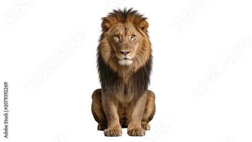 Photos Isolated majestic adult male lion with a magnificent mane sitting calmly, facing forward