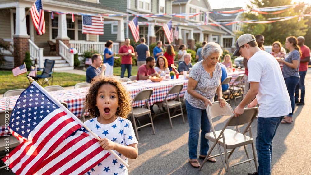 Obraz premium Fourth of July block party with mixed-race child waving large flag for patriotic celebration promotional banners and advertising campaigns