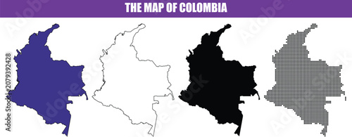 Four representations of the Colombia map outline in silhouette style isolated on white background