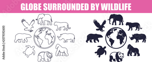 Planet earth encircled by diverse animal silhouettes during day Isolated on white background