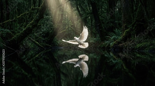 White Dove Above Forest Stream