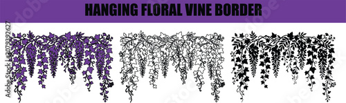 Wisteria vines cascading in a decorative border with delicate floral elements isolated on white background