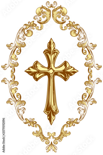 gold gradient Christian cross with frame swirls and colors of baroque pattern elements  on a transparent background.ai