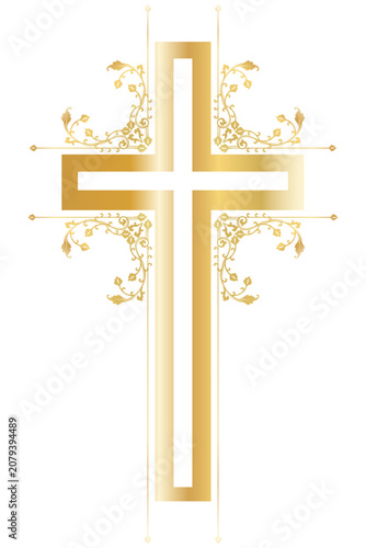 Christian cross with swirls and colors of the pattern elements in the corners with a golden gradient on a transparent background.ai