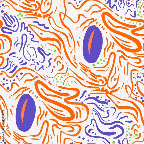 Abstract organic seamless pattern with hand-drawn fluid shapes, wavy lines, and doodle motifs. Modern funky background design for textile, wallpaper, and print
