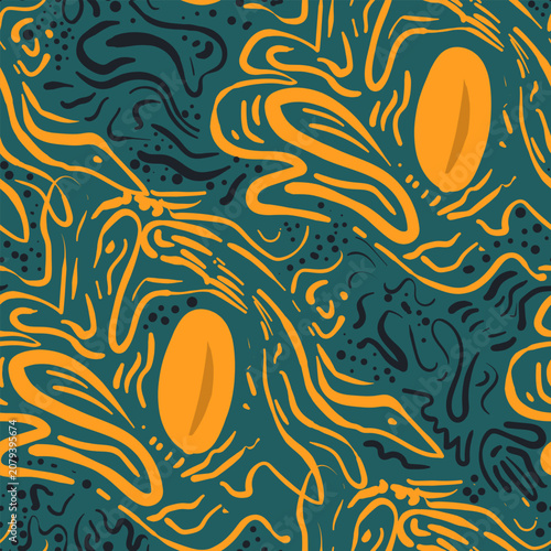 Abstract organic seamless pattern with hand-drawn fluid shapes, wavy lines, and doodle motifs. Modern funky background design for textile, wallpaper, and print