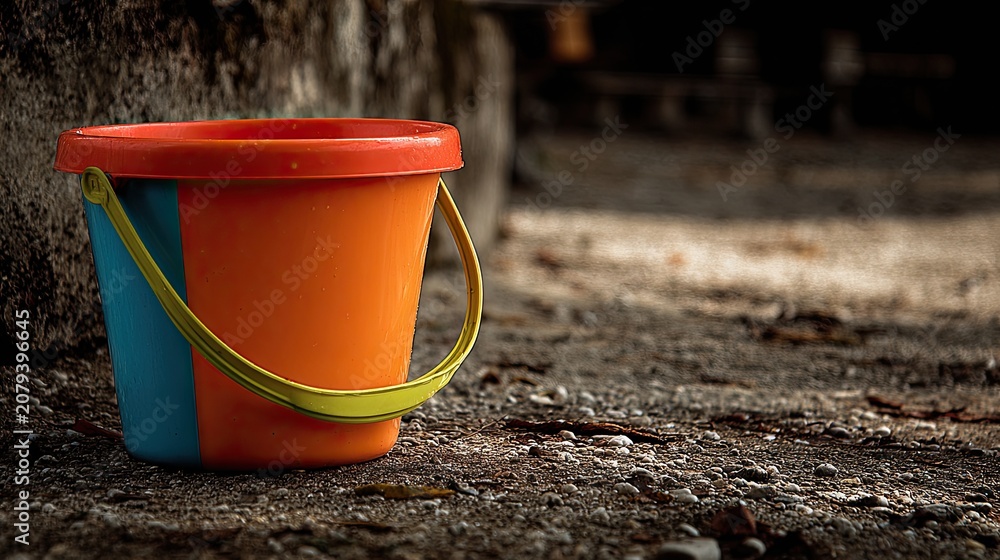 Naklejka premium Vibrant Colorful Plastic Bucket on Ground in Outdoor Setting