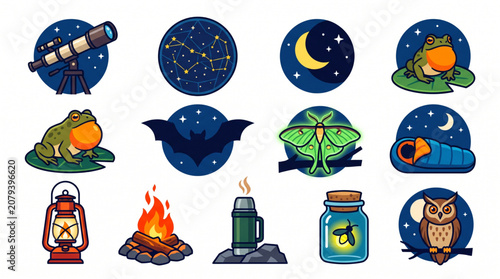 Outdoor Night Adventure Collection with Telescope Campfire and Forest Animals Illustrations