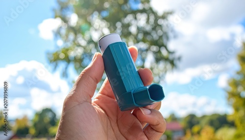 Hand Holding Teal Asthma Inhaler for Respiratory Relief Outdoors