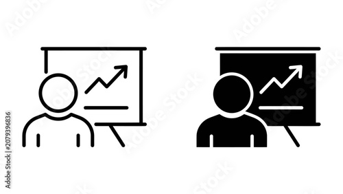 Presentation of Growth Data: A simplified icon illustrating a person standing beside a presentation board displaying a rising graph, symbolizing progress and data analysis.