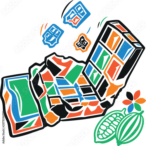 Foto Broken chocolate bar pieces falling down with cocoa beans and flower decor flat vector illustration for sweet confectionery snack advertising material design isolated on transparent background