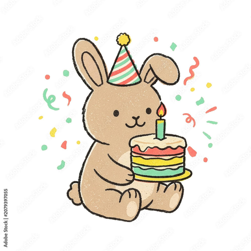 Fototapeta premium Cute Textured Rabbit Birthday Party Clipart — Bunny with Cake and Party Hat Illustration