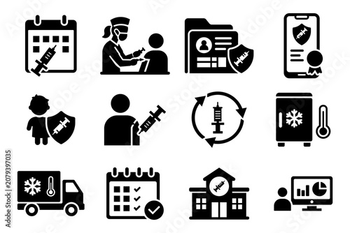 Vaccination Services and Immunization Management Black Silhouette Icon Set with Vaccine Appointment, Digital Vaccine Certificate, Cold Chain Storage and Healthcare Vector Icons