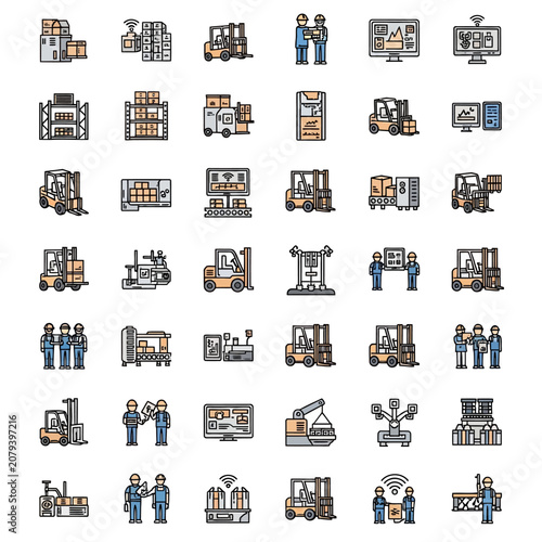 Collection of logistics and warehouse industry icons.