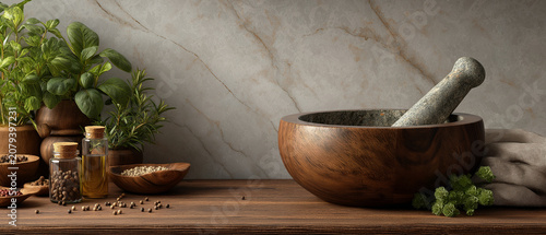 Herbal Remedies Preparation: A mortar and pestle sit on a wooden counter beside small bottles of oil and pots of herbs, suggesting natural medicine or aromatherapy.