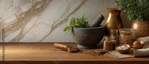 Natural Remedy Preparation: A still life arrangement featuring a granite mortar and pestle filled with fresh herbs, alongside small jars of seeds and spices on a wooden surface.