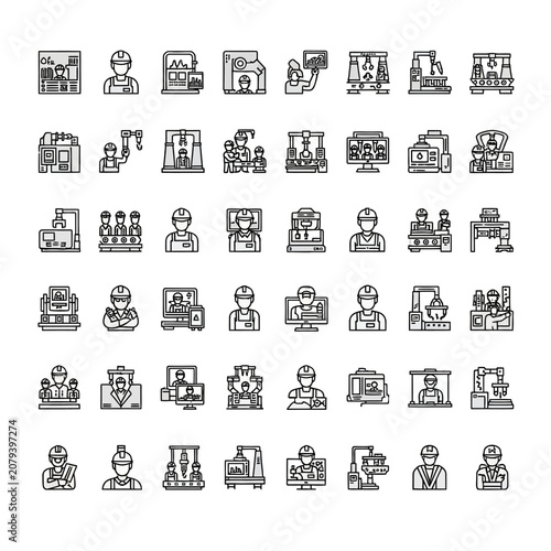 Diverse collection of line art icons representing various professions and roles.