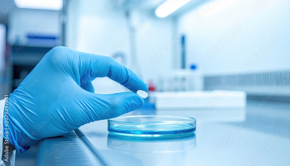 Fototapeta premium Hand in Blue Nitrile Glove Carefully Holds Small Pill Over Petri Dish in Laboratory Setting