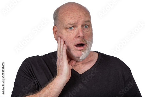 Worried Bald Senior Man Holding Jaw With Toothache Isolated On White Background