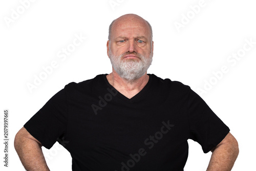 Grumpy Bald Bearded Man with Hands on Hips Isolated on White Background