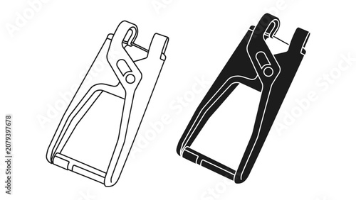 Foto Ear Tag Pliers Illustration: A clear black and white illustration showcasing two ear tag pliers, one outlined and one filled, against a plain background, highlighting their functional design