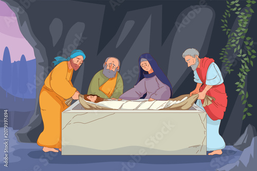 Foto Colorful flat vector illustration of sacred birth scene with four solemn figures