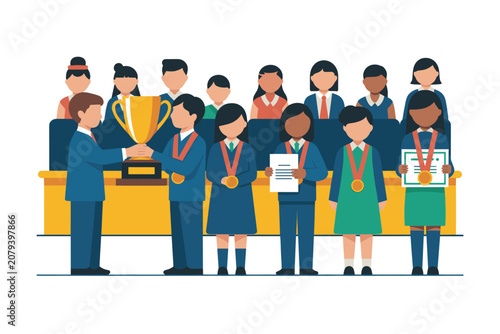 Students receiving awards and golden trophy on stage, flat vector illustration