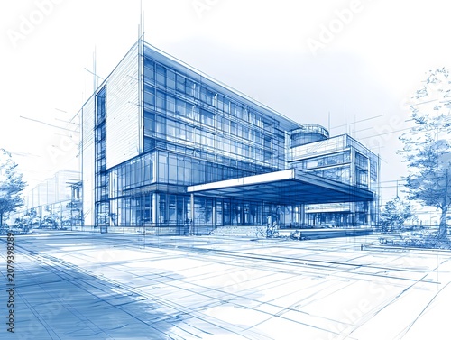Architectural sketch of a modern hotel building with glass facade and canopy.