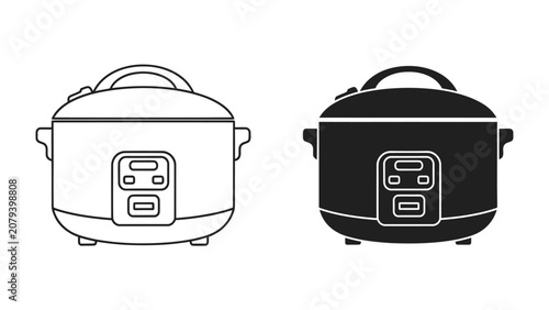 Foto Rice Cooker Icons: Two simplified illustrations of a modern electric rice cooker, one in black outline and the other in solid black, representing kitchen appliance technology and convenience