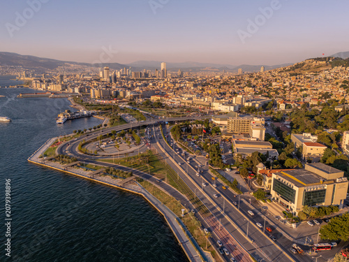 Aerial view of downtown district of Izmir, Turkey.İzmir is the third most populous city in Turkey, and the largest metropolitan area on the Aegean Sea.