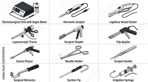 Medical Surgical Instruments and Equipment Icon Set, Isometric Vector Art of Operating Room Surgery Tools for Healthcare Presentation and Educational Infographics