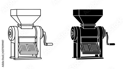 Grain Mill Icon: A simple, clean icon representing a manual grain mill, shown in both outline and silhouette forms for versatility.