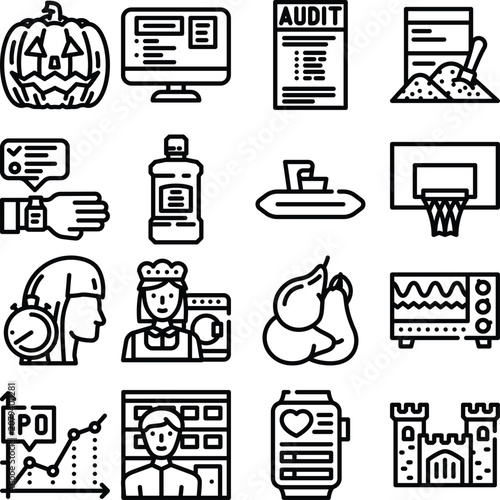 Flat of diverse business and technology concepts including charts, audits, teamwork, and communication tools