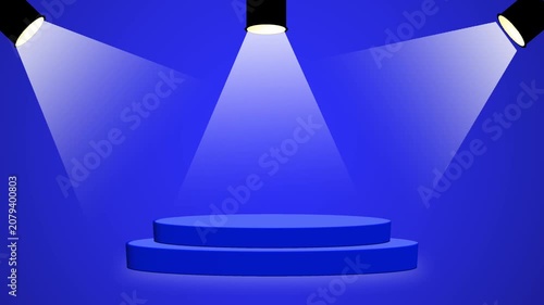 Three stage spotlights turn on sequentially to illuminate an empty blue round display podium against a blue gradient background.