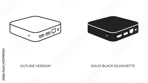 Canvastavla Small Computer Icon: Two minimalist icons representing a compact computer device, one in outline and the other as a solid black silhouette, ideal for technology interfaces and presentations