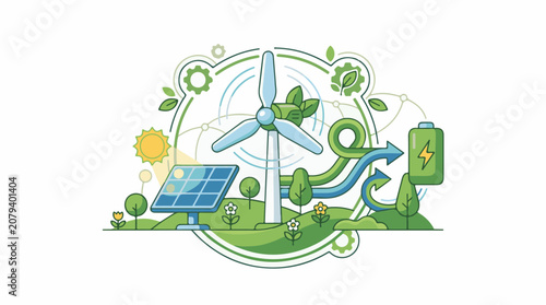 Illustration of renewable energy sources with wind turbine solar panel and battery