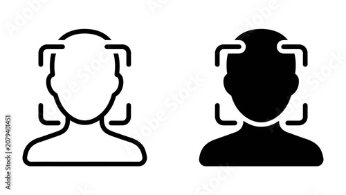 Face Recognition Icons: Two stylized icons representing face recognition technology, one in outline and the other in silhouette, with framing squares indicating a scanning area.