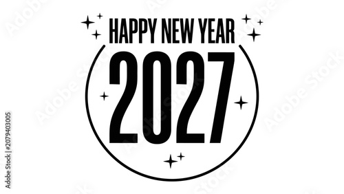 Happy New Year 2027 Design: A bold, minimalist graphic celebrating the arrival of the new year 2027, featuring stylized text and starbursts. A festive and modern greeting for the upcoming year.