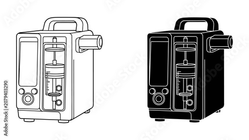 Medical Ventilator Illustration: A clear, precise illustration of a medical ventilator, presented in both line art and silhouette, showcasing its key components and operational design.
