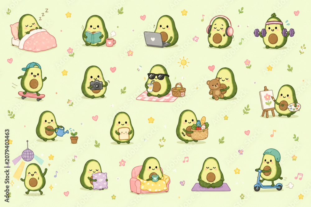 Fototapeta premium Cute avocado daily routine character sticker sheet and poster