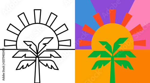 Palm Tree and Sun Icon: Outline vs. Colorful Vector Art