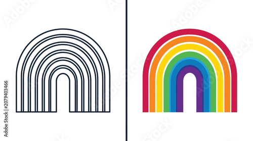 Rainbow Outline vs Colorful Illustration Comparison on White Background