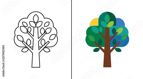 Outline Tree vs Colorful Tree Comparison, Nature Concept