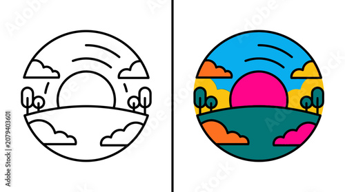 Line Art and Colorful Circle Landscape Design: Sun, Clouds, Hills, Trees