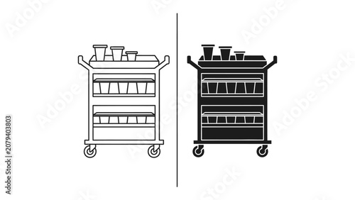 Service Trolley Icons: A set of two simple vector icons depicting a service trolley, one in outline and the other in solid black, suitable for graphic design and illustration purposes.