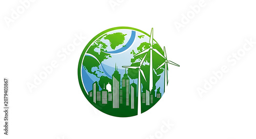 Earth with green growth and city skyline illustration