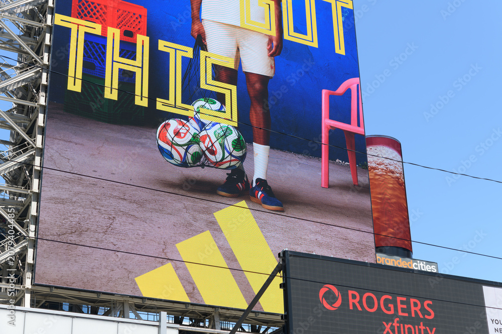 Obraz premium LED spectacular facing Sankofa Square in Toronto and featuring OOH advertising for Adidas and slogan: 