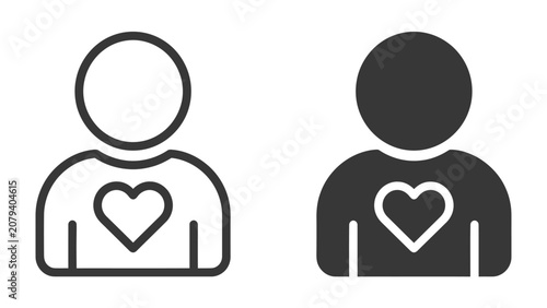 Two stylized icons of a person with a heart symbol on their chest, one outlined and one filled, representing love and care.