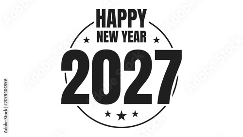 Cuadro en lienzo Happy New Year 2027 Emblem: A stylized emblem proclaiming Happy New Year 2027 with stars and a circular border, perfect for festive greetings and celebratory designs